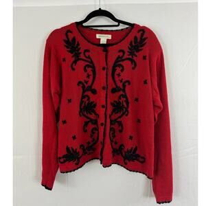 Arriviste Large Red Black Embroidered Button-Up Cardigan Women’s Vintage Look